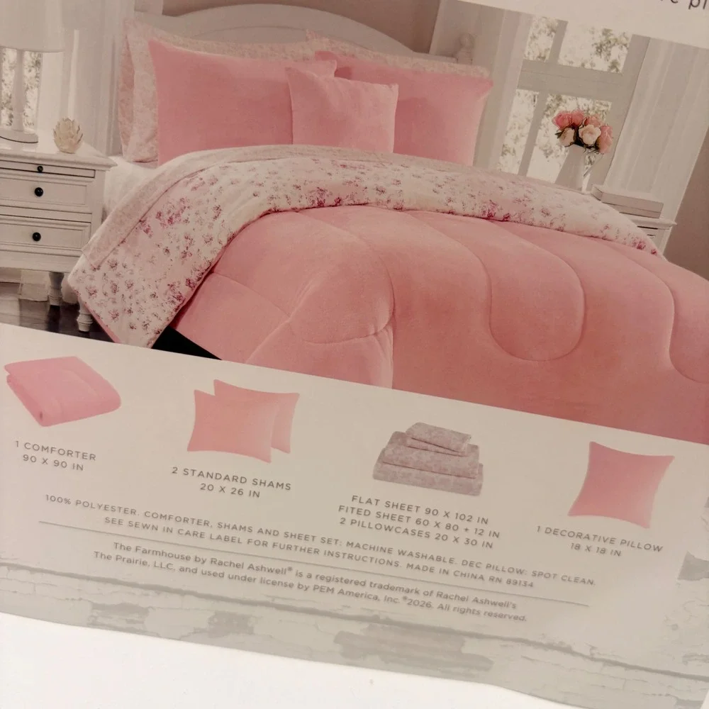 The Farmhouse by Rachel Ashwell Queen 8 Piece Bedding Set Pink Floral Reversible